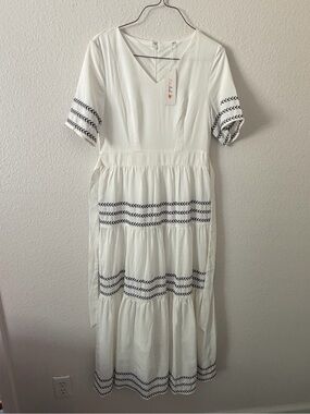 White Embroidered V-Neck Midi Dress
